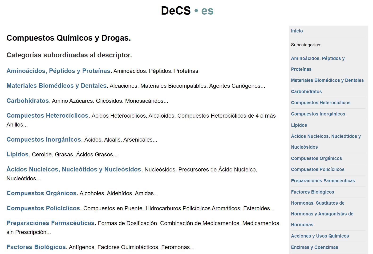 Sección de compuestos químicos y drogas, en DeCS.es